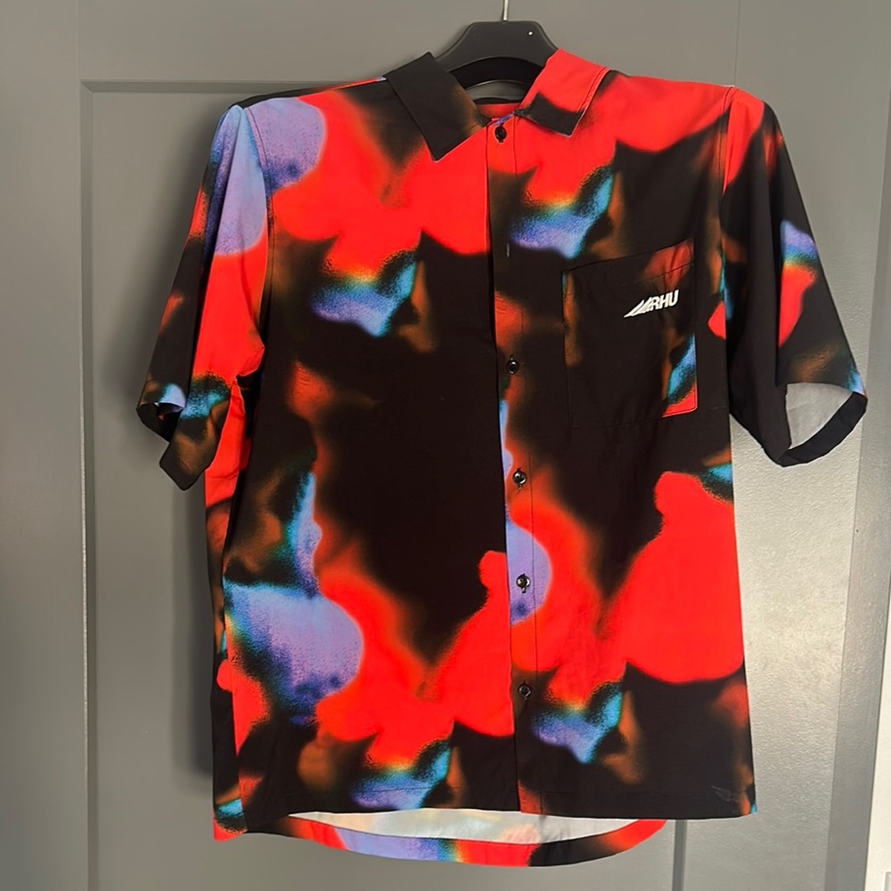 Red and Black Casual Button Down Shirt with Abstract Pattern